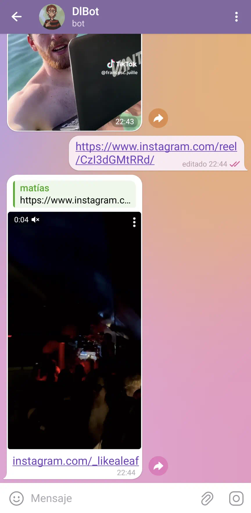 Una captura de pantalla de Telegram de una conversación con DlBot, en la que se envía un link de Instagram Reels y DlBot le contesta con un video subido.